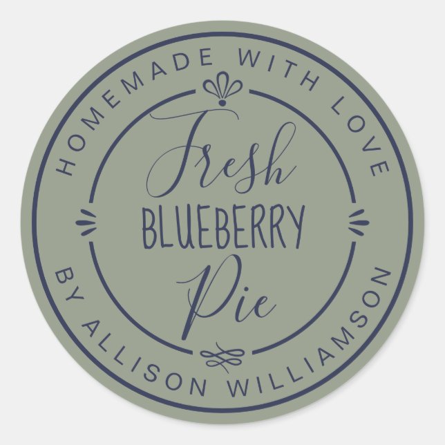 Adesivo Redondo Sage Green Classic Homemade Blueberry Pie Label (Frente)