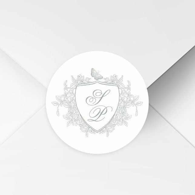 Adesivo Redondo Sage green crest monogram wedding (Criador carregado)