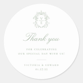 Adesivo Redondo Sage Green Crest Monograma Casamento Obrigado