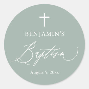 Adesivo Redondo Sage Green Cross Boy Baptism Round Sticker