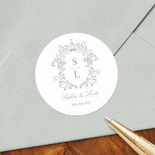 Adesivo Redondo Sage Green Elegant Barroco Crest Monograma Casamen