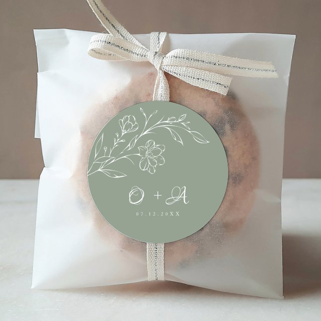 Adesivo Redondo Sage Green Elegante Monograma de Casamento Elegant (Criador carregado)