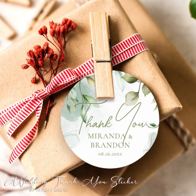 Adesivo Redondo Sage Green Eucalyptus Foliage Casamento Obrigado (Criador carregado)