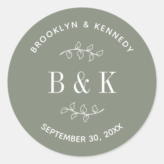 Adesivo Redondo Sage Green Floral Monograma Nome do Casal (Frente)
