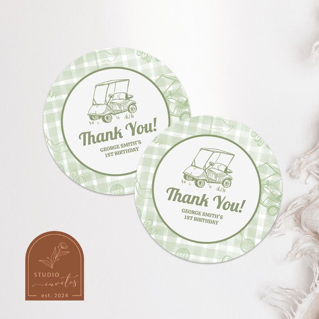 Adesivo Redondo Sage Green Gingham Golf Birthday Thank You Sticker (Criador carregado)