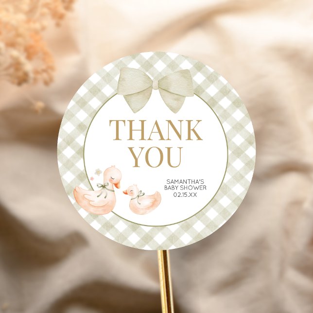 Adesivo Redondo Sage Green Gingham Silly Goose Baby Shower (Silly Goose Baby Shower Sticker)