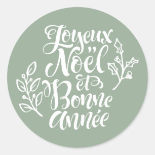 Adesivo Redondo Sage Green Joyeux Noël e Bonne Année Christmas