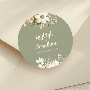 Adesivo Redondo Sage Green Modern Watercolor Casamento Floral