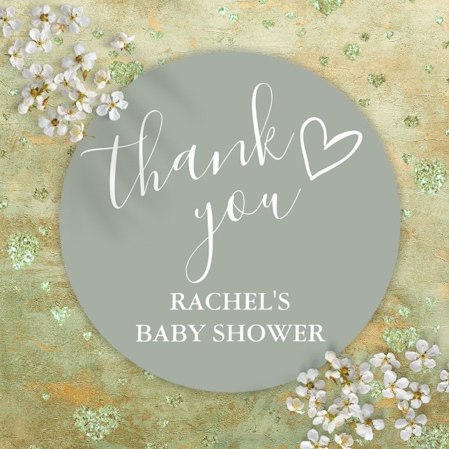 Adesivo Redondo Sage Green Neutral Script de Chá de fraldas Obriga (Sage Green Neutral Baby Shower Script Thank You Classic Round Sticker)