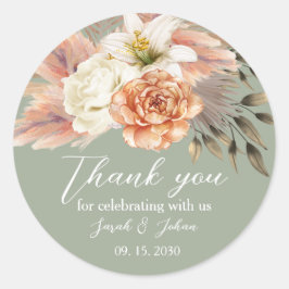 Adesivo Redondo Sage Green Peach Floral Weding Obrigado Sticker