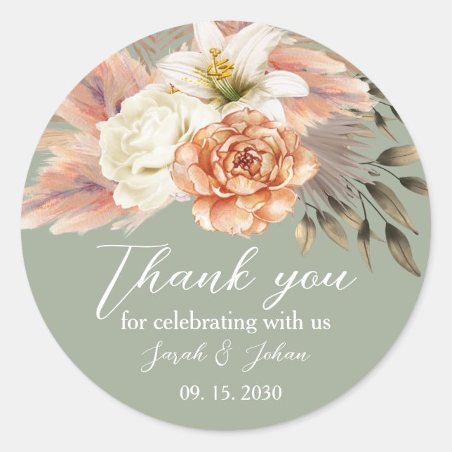 Adesivo Redondo Sage Green Peach Floral Weding Obrigado Sticker (Frente)
