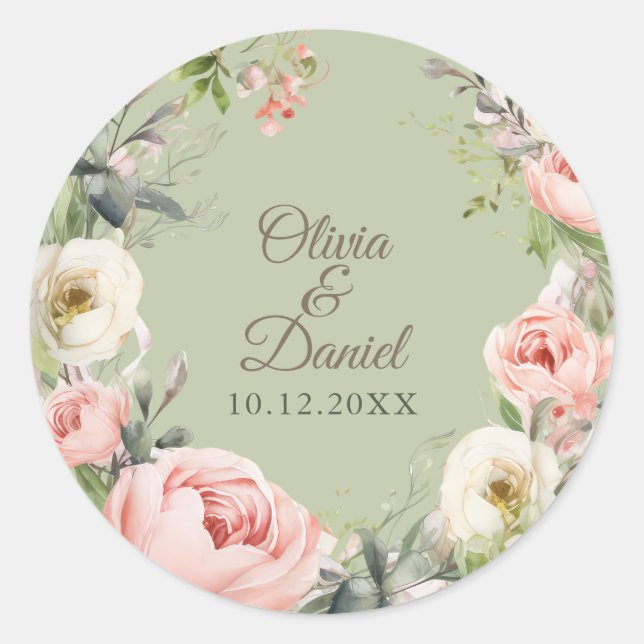 Adesivo Redondo Sage Green Peony Floral Round Sticker (Frente)