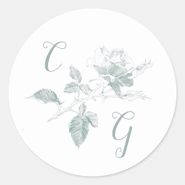 Adesivo Redondo Sage Green Rose Line Art Monogram Wedding (Frente)