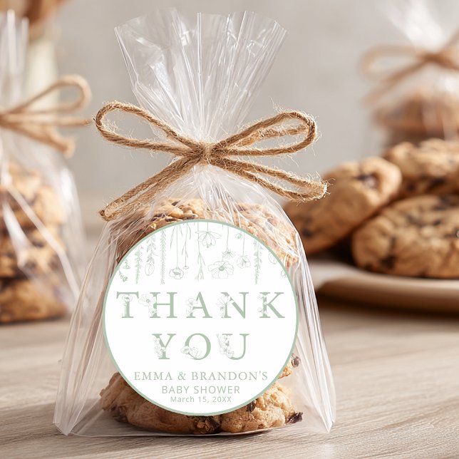Adesivo Redondo Sage Green Wildflower Baby Shower Thank You  (Sage Green Wildflower Thank You Sticker)