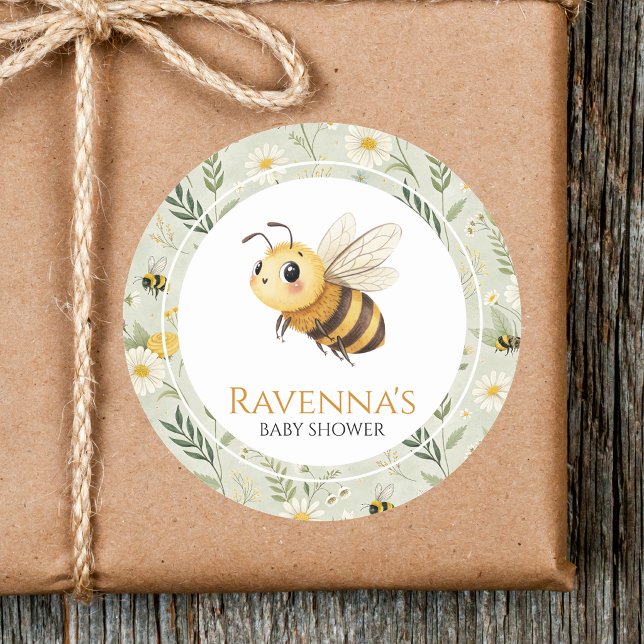 Adesivo Redondo Sage Green Wildflower Bee Custom Name Baby Shower (Criador carregado)