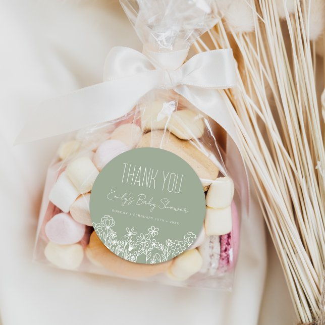 Adesivo Redondo Sage Green Wildflower Chá de fraldas Obrigado Favo (Criador carregado)