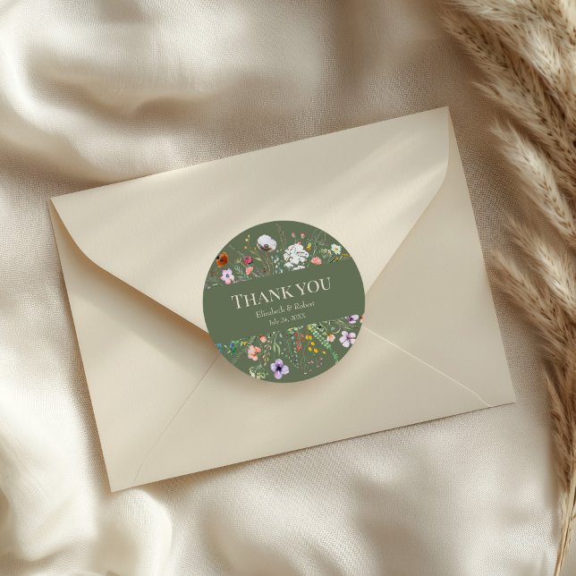 Adesivo Redondo Sage Green Wildflower Meadow Wedch Obrigado (Sage Green Wildflower Meadow Wedding Thank You Classic Round Sticker on an elegant wedding envelope)