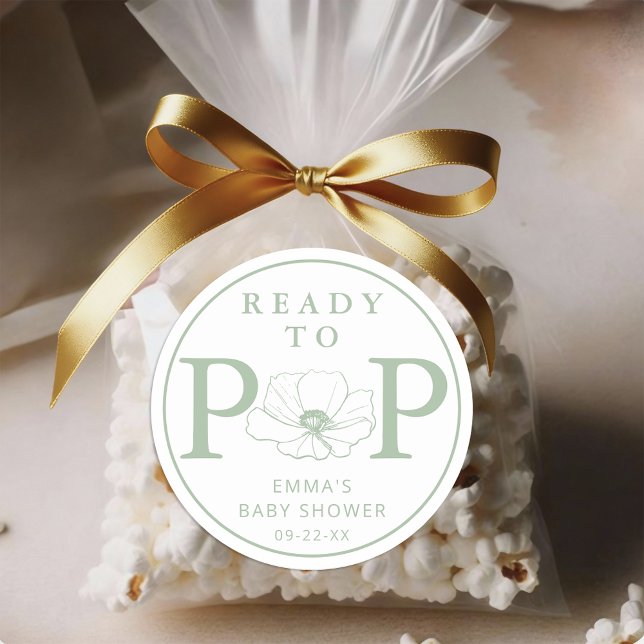 Adesivo Redondo Sage Green Wildflower Ready to Pop Baby Shower  (Ready To Pop - Sage Green Baby Shower Sticker)