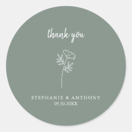 Adesivo Redondo Sage Green Wildflower Wedding Obrigado