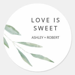 Adesivo Redondo Sage Greenery Love é doce Sticker, favor do casam