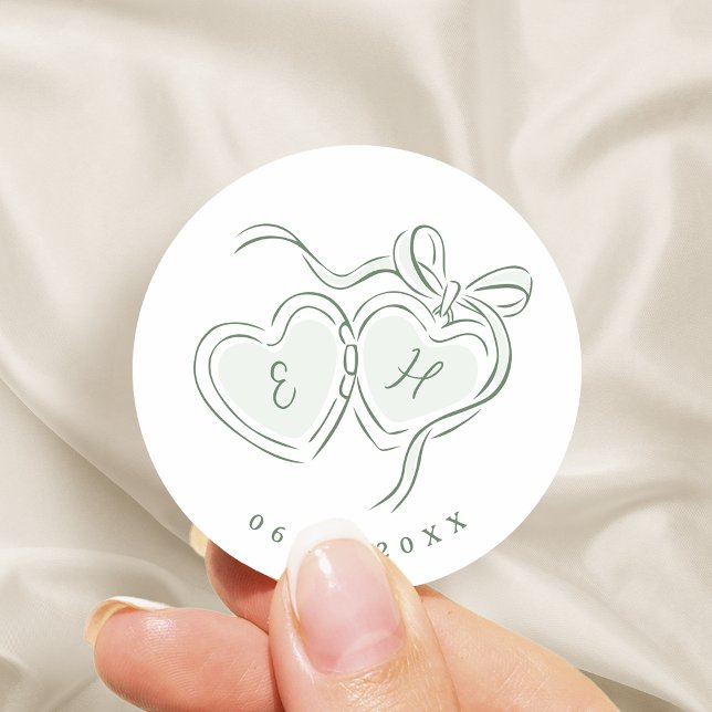 Adesivo Redondo Sage Hand Drawn Hearts Monogram Whimsical Wedding (Sage Hand Drawn Hearts Monogram Whimsical Wedding Classic Round Sticker)