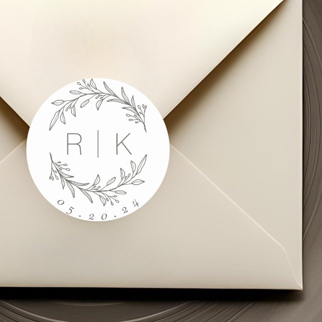 Adesivo Redondo Sage Line Art Botanical Wreath Casamento Monograma (Criador carregado)