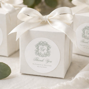 Adesivo Redondo Sage Verde Crista de Casamento Monograma Obrigado