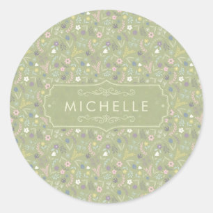 Adesivo Redondo Sage Verde Flores Rosa Branco Padrão Floral Boho