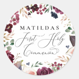 Adesivo Redondo Sagrada comunhão floral em aquarela roxa e rosa