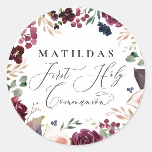 Adesivo Redondo Sagrada comunhão floral em aquarela roxa e rosa