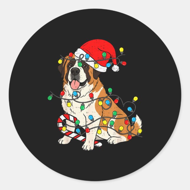 Adesivo Redondo Saint Bernard Dog Christmas Lights Santa Xmas Pet  (Frente)