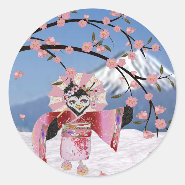 Adesivo Redondo Sakura Geisha Bird no Snow Cherry Blossoms (Frente)