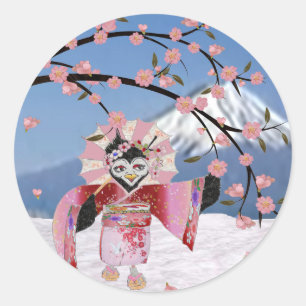 Adesivo Redondo Sakura Geisha Pássaro na Neve Flores de Cerejeira