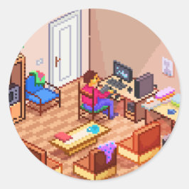 Adesivo Redondo Sala de PC para Jogos em Pixel Isométrica