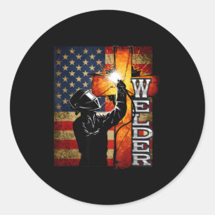 Adesivo Redondo Saldador Bandeira Americana Soldagem Cruz de Fé Cr