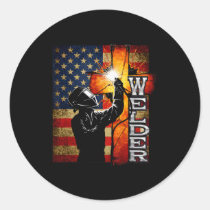 Adesivo Redondo Saldador Bandeira Americana Soldagem Fé Cruz Crist