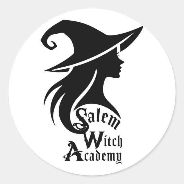 Adesivo Redondo Salem Witch Academy Wiccan Bruxaria Festa de Hallo (Frente)