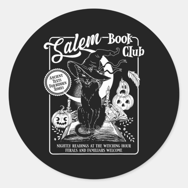 Adesivo Redondo Salem Witch Book Club Bookish Retro Halloween Blac (Frente)