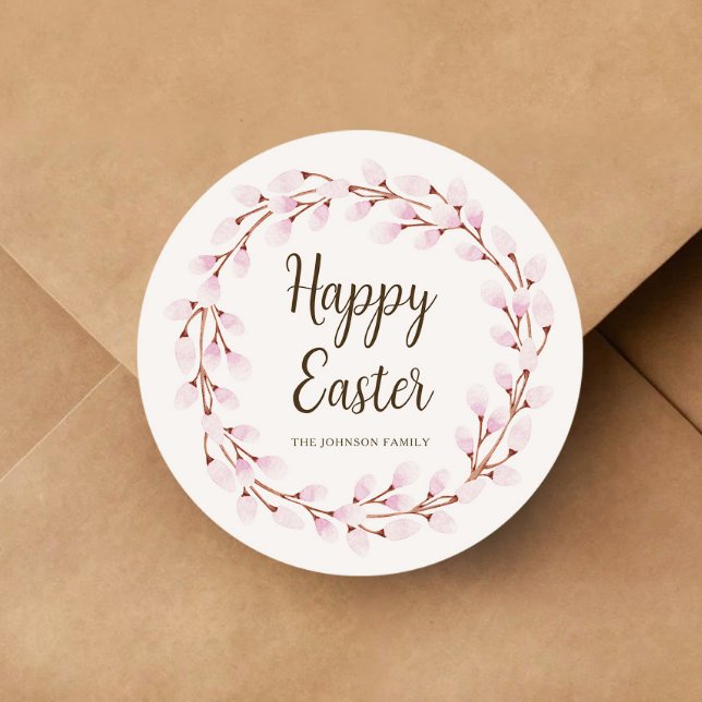Adesivo Redondo Salgueiro Rosa Fofo Feliz Páscoa (Cute Pink Willow Happy Easter Classic Round Sticker)
