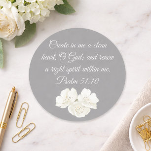 Adesivo Redondo Salmo 51:10 Cria Em Mim Floral Branco Cristão