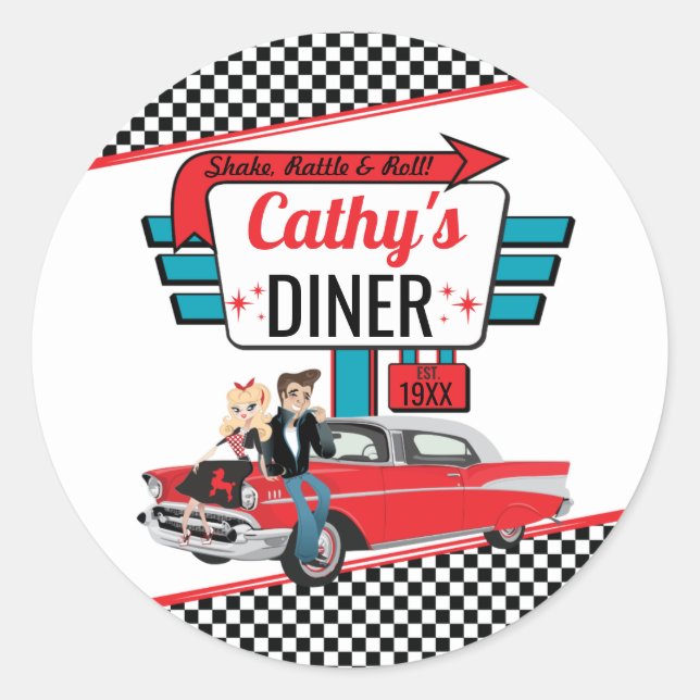 Adesivo Redondo salto Retro Diner White & Red Sock, 1950 (Frente)