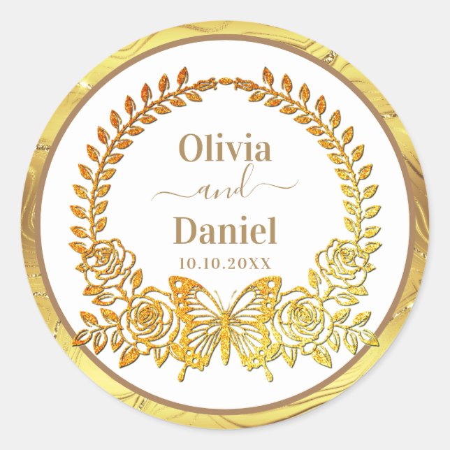 Adesivo Redondo Salve a data, borboleta Dourada e flor (Frente)