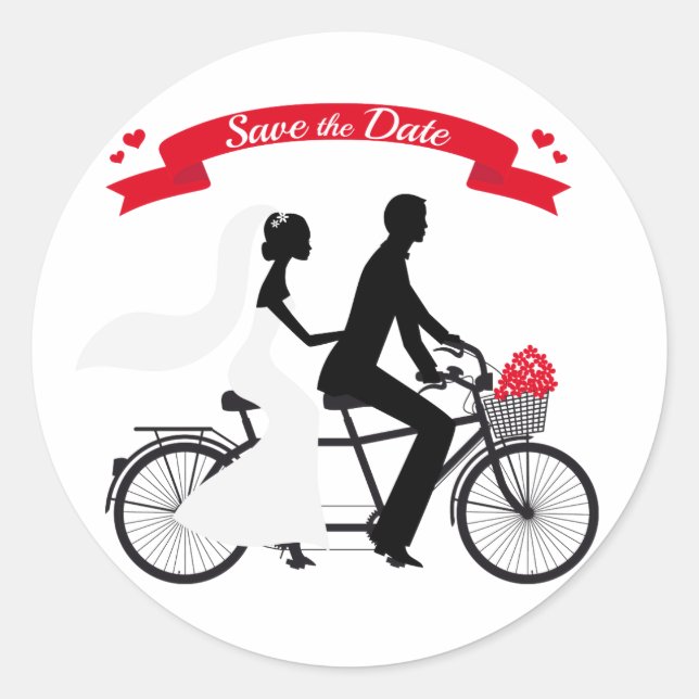 Adesivo Redondo Salve a data, convite para o casamento, bicicleta  (Frente)