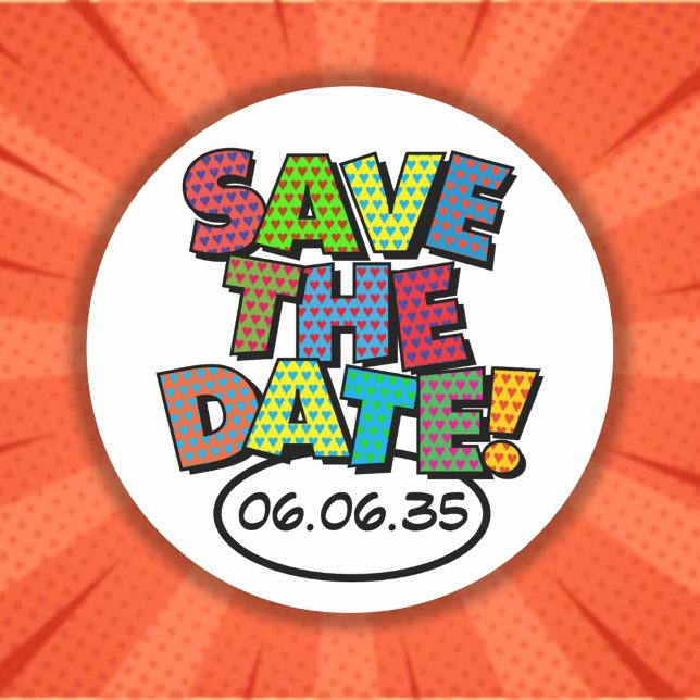 Adesivo Redondo SALVE A DATA DIVERTIDA Retrópico Pop Art (SAVE THE DATE Fun Retro Comic Book Pop Art Classic Round Sticker)