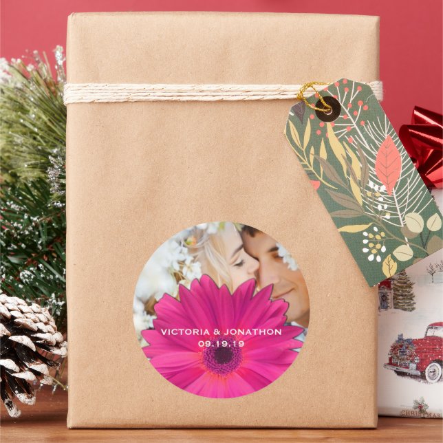 Adesivo Redondo Salve a data Foto Rosa Gerber Daisy Wedding (Feriado)