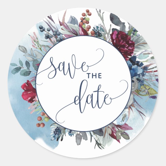 Adesivo Redondo Salve a data, selo azul de envelopes roxo (Frente)