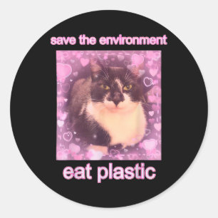 Adesivo Redondo Salve O Meio Ambiente Coma Gato Engraçado Plástico