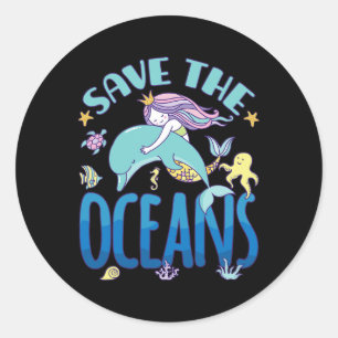 Adesivo Redondo Salve Os Oceanos - Sereia E Golfinho - Dia Da Terr