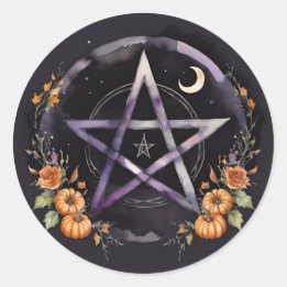 Adesivo Redondo Samhain Pentacle & Fall Pumpkins Witch