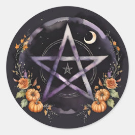 Adesivo Redondo Samhain Pentacle & Fall Pumpkins Witch